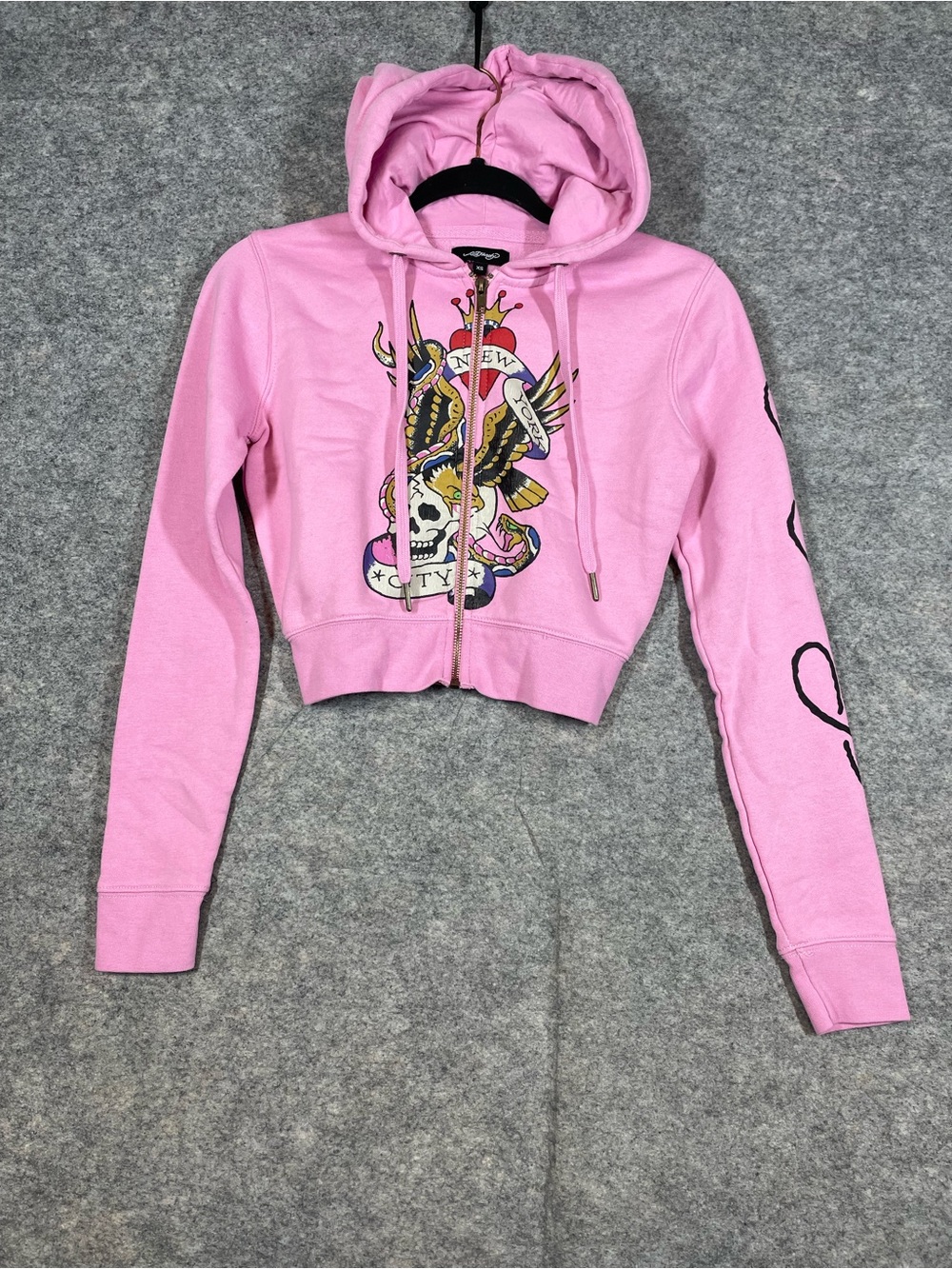 Ed Hardy Y2K Pink Cropped Zip Hoodie XS Tattoo Graphic McBling Streetwear Chic